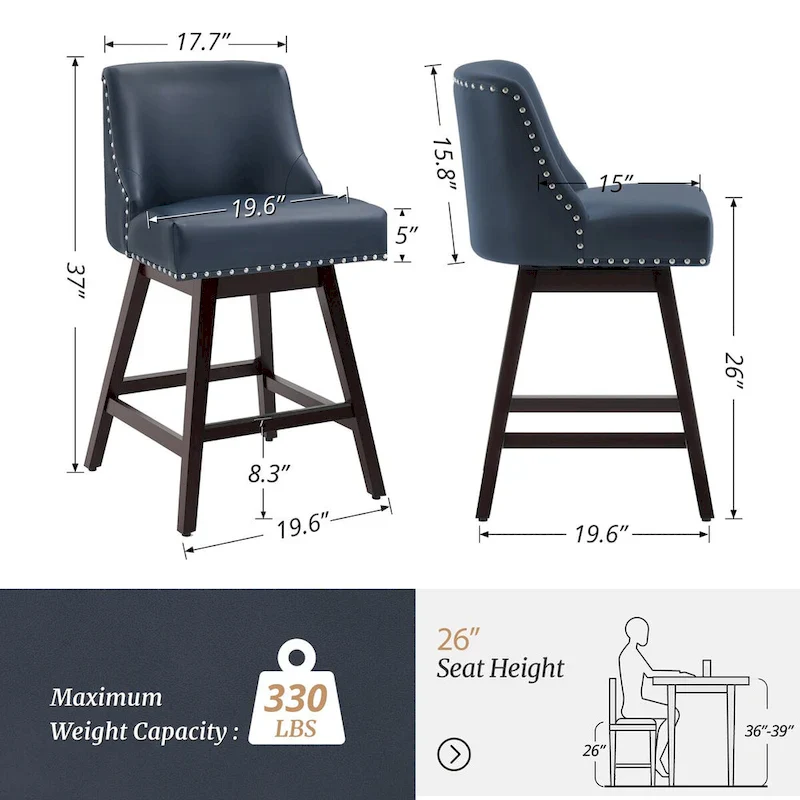 LUE BONA 26 in. Counter Height Upholstered Wood Frame Swivel Bar Stool with Farbic Seat Set of 4 - 19.6D x 19.6W x 37H
