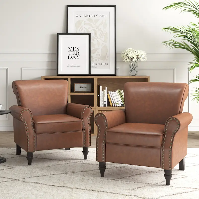 Brown/Black/Grey PU Leather Accent Chair, Rolled Arms & Nailhead Trim, Set of 2
