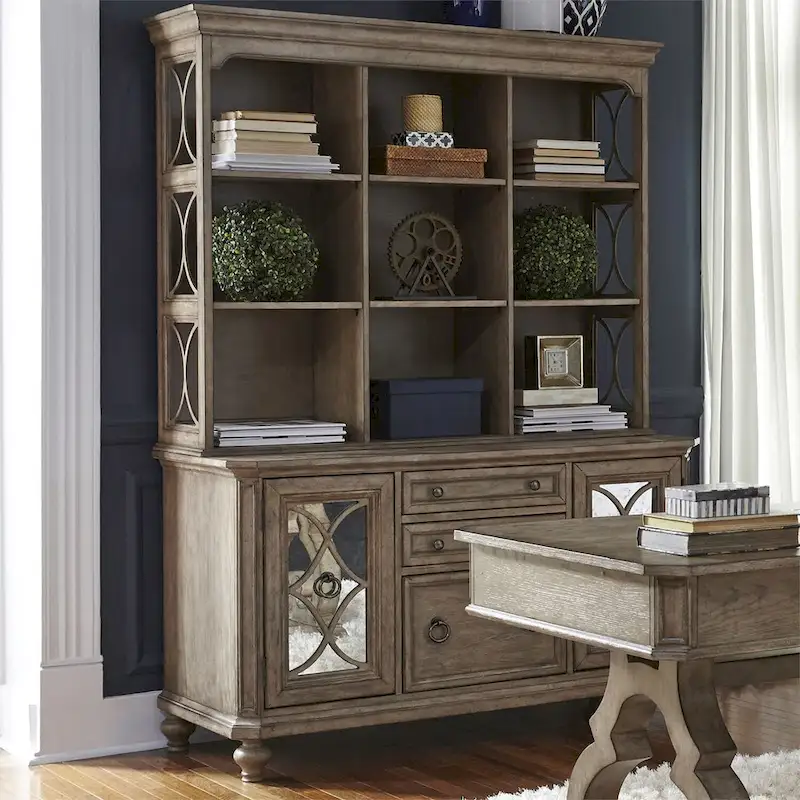 Simply Elegant White, Brown & Heathered Taupe Credenza Hutch