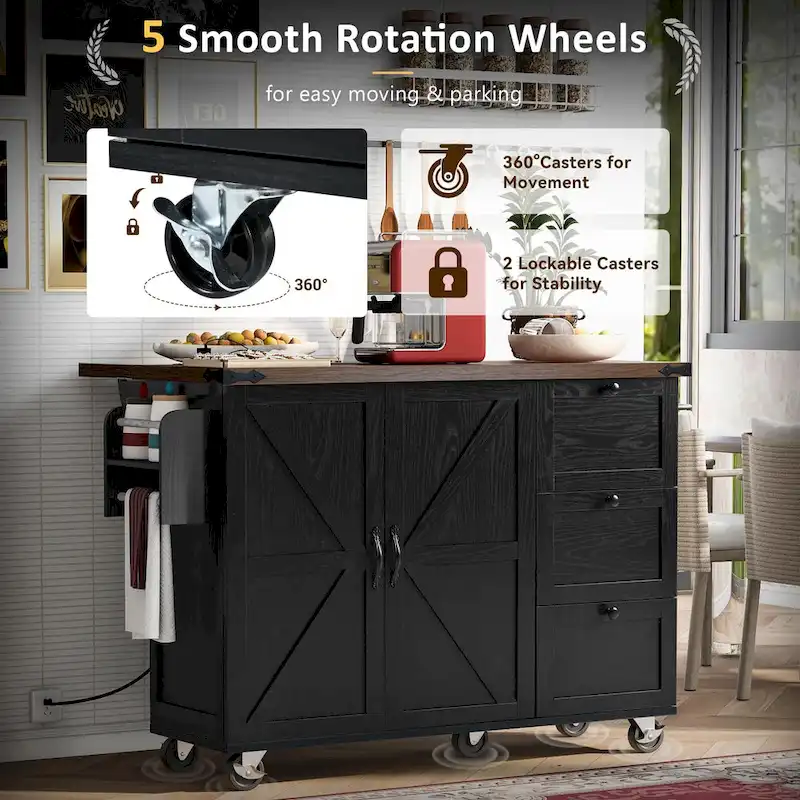 Farmhouse Kitchen Island with Power Outlet and Rolling Cart