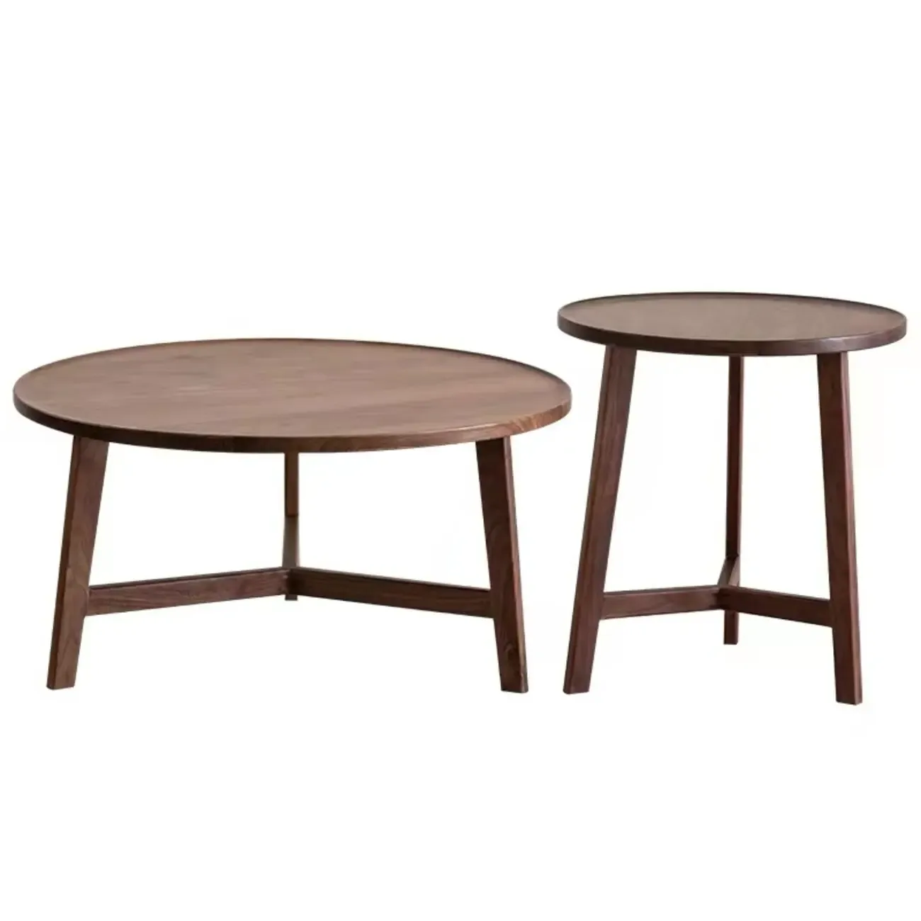 Mid-century Wooden Round Coffee Table Set with Cross Legs