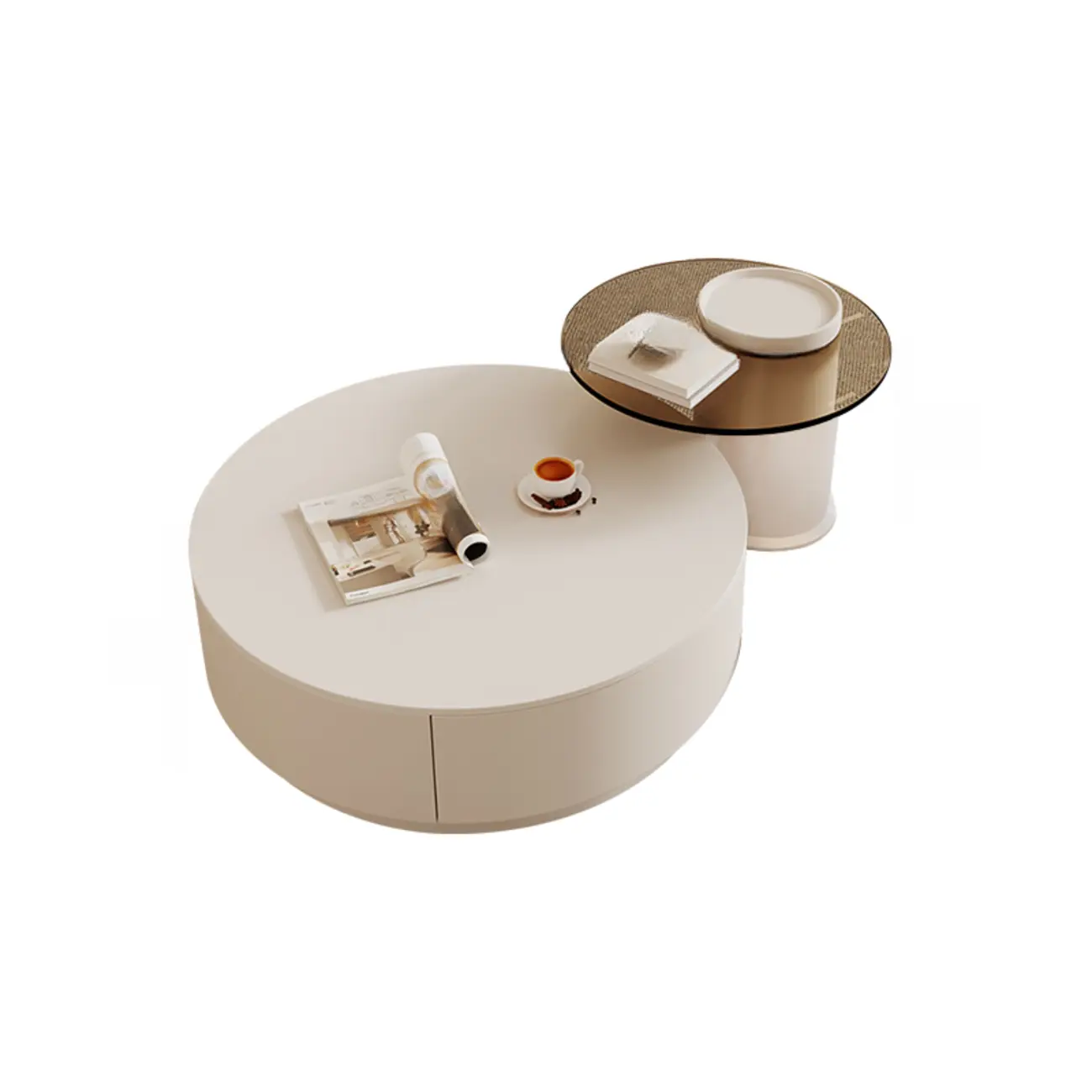 Modern Wood Round Nesting Coffee Table with 2 Drawers