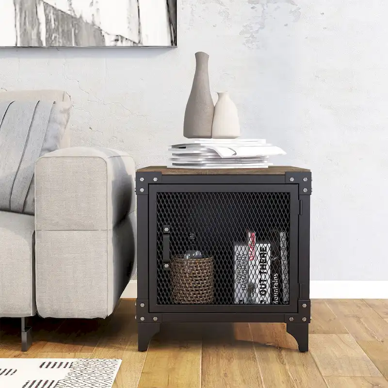 Conner Rustic Dark Walnut Steel 2-Piece Storage Coffee and End Table Set by Furniture of America