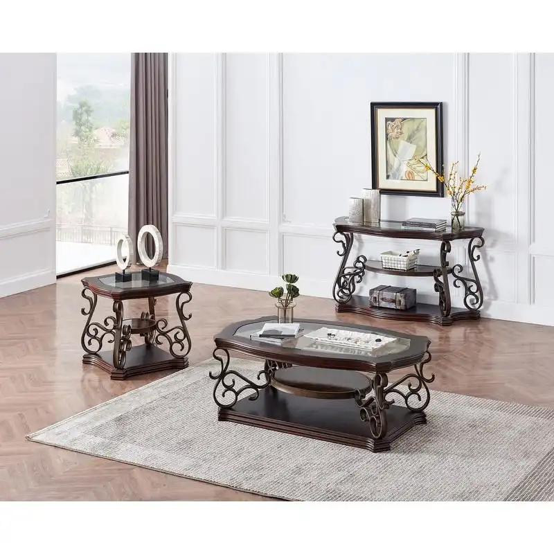 Traditional Retro Console Table with Tempered Glass Top and Middle Shelf