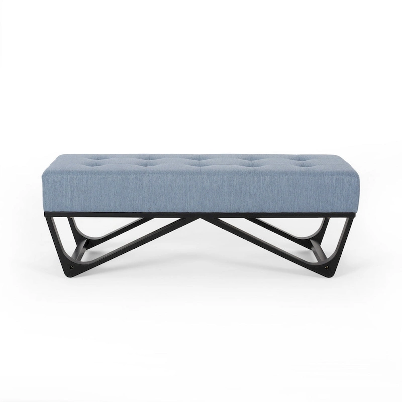 Liba Ottoman Bench, Button Tufted Light Blue Fabric, Black, 47 Inch