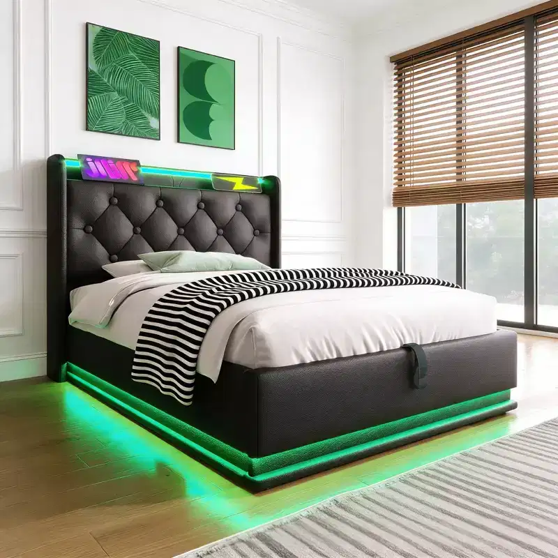 Luxystar Twin Size Upholstered Bed With Hydraulic Storage, RGB Lights, USB and Type-C Ports