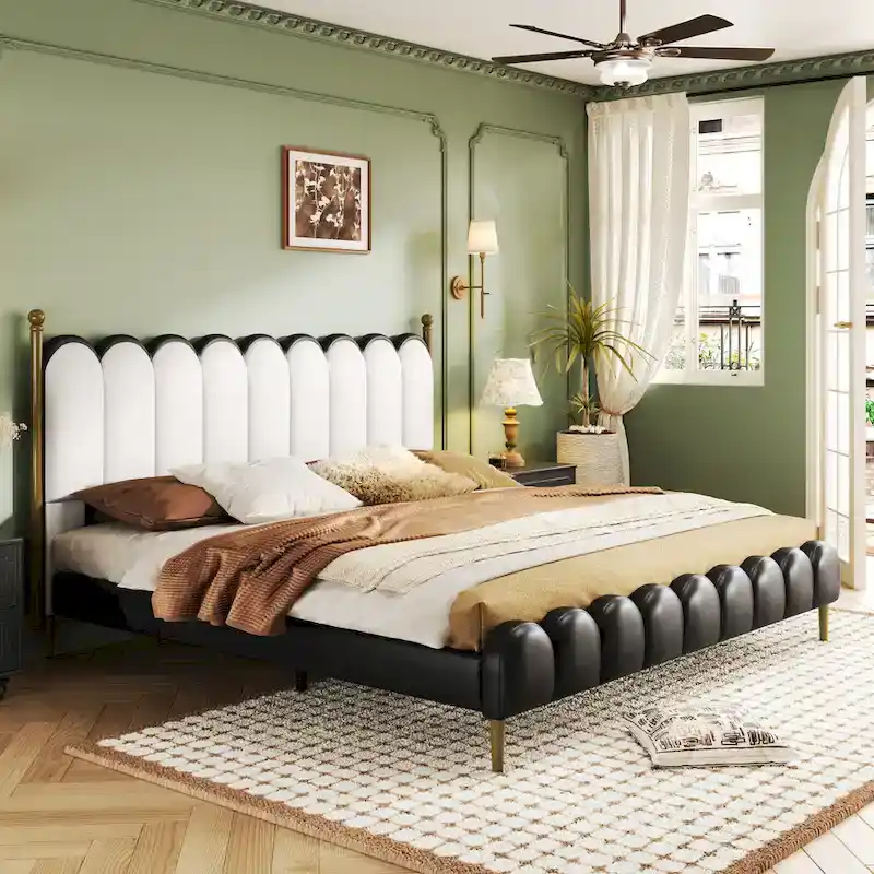 Leather Upholstered Bed with Headboard & Footboard, Solid Wood Slats & Legs