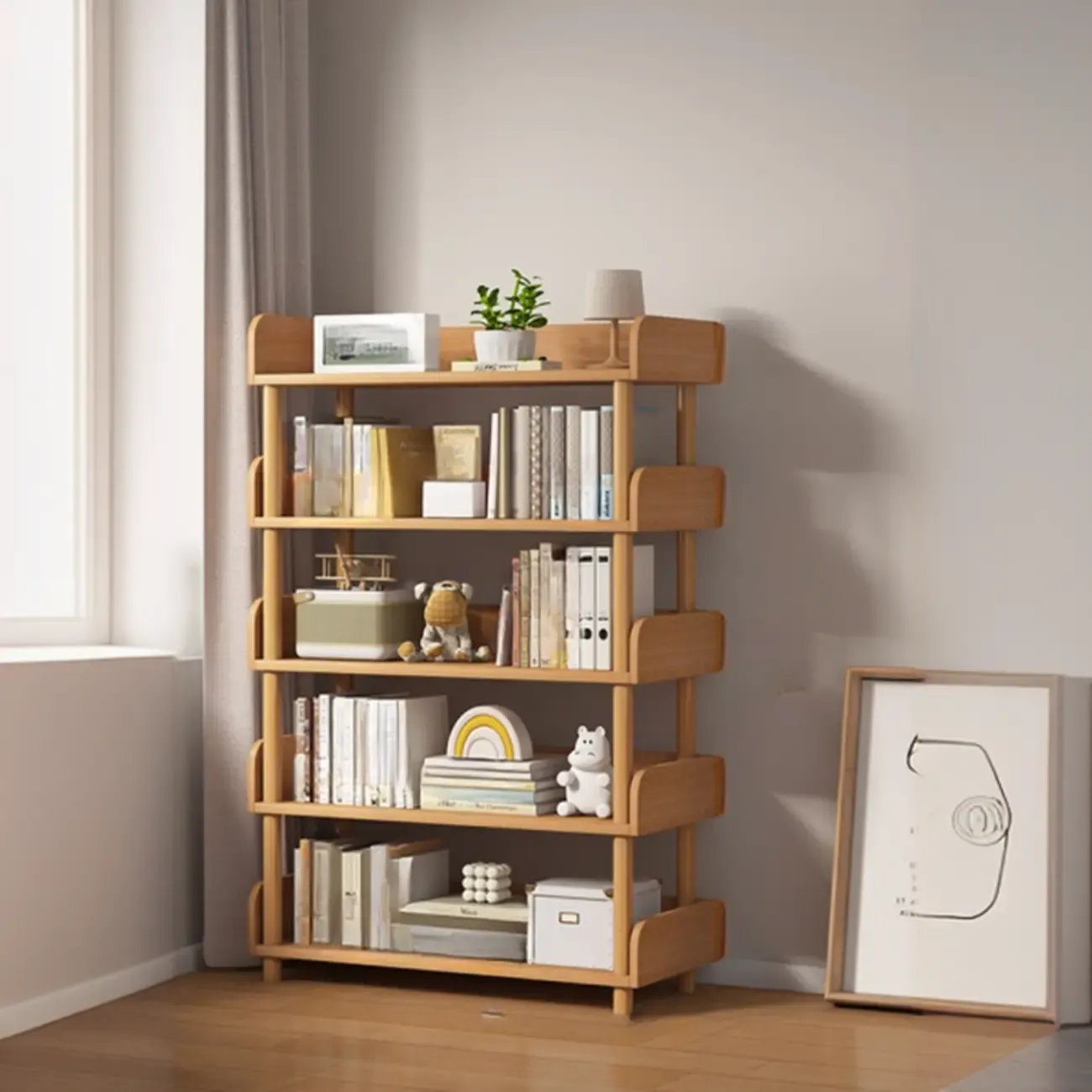 Vertical Natural Multi-Shelf Open Back Wood Bookcase
