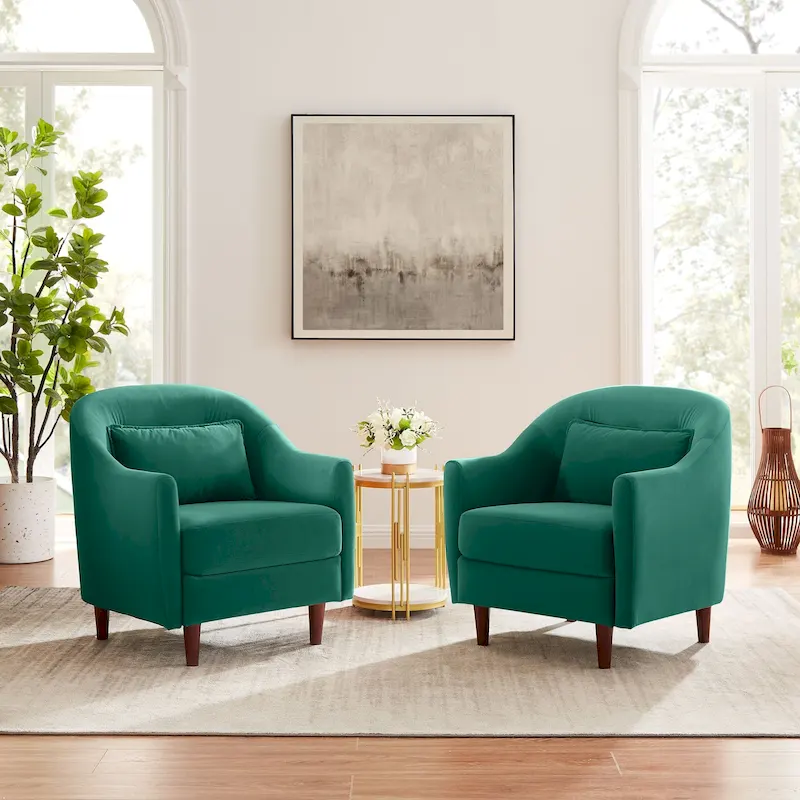 VANOMi 28.34 W Set Of 2 Accent Armchair, Velvet Barrel Chair with Solid Wood Legs