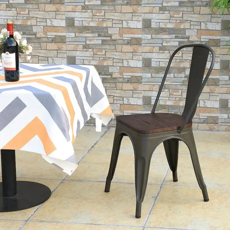Stackable Bistro Cafe Dining Chair with Metal Frame and Wood Seat