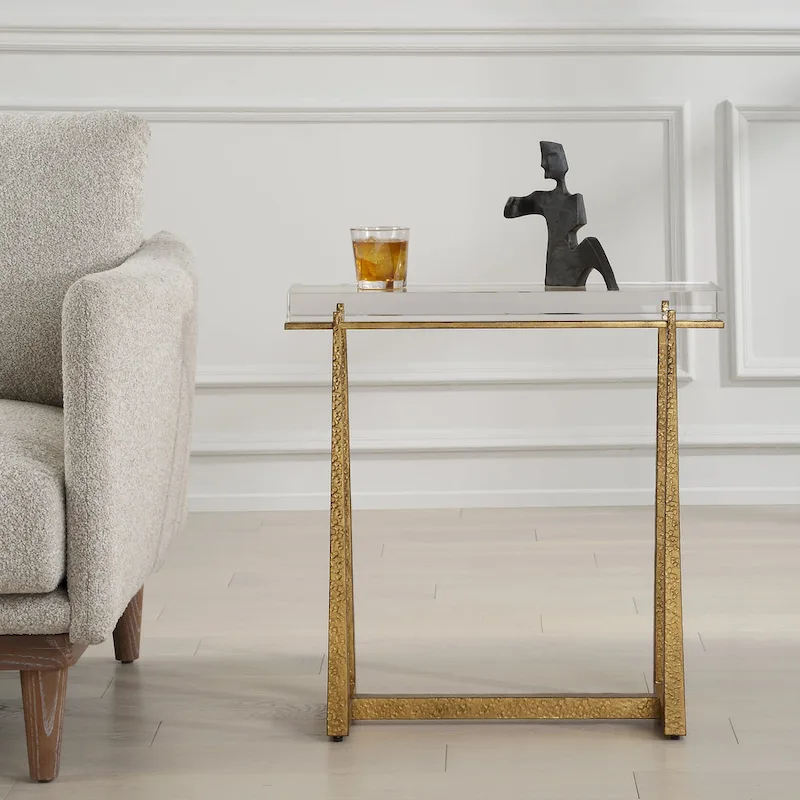 Thick Crystal Top End Accent Table - 24 - Antique Gold