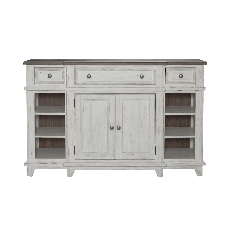 White & Grey Distressed Pine Breakfront Server – 1 Piece