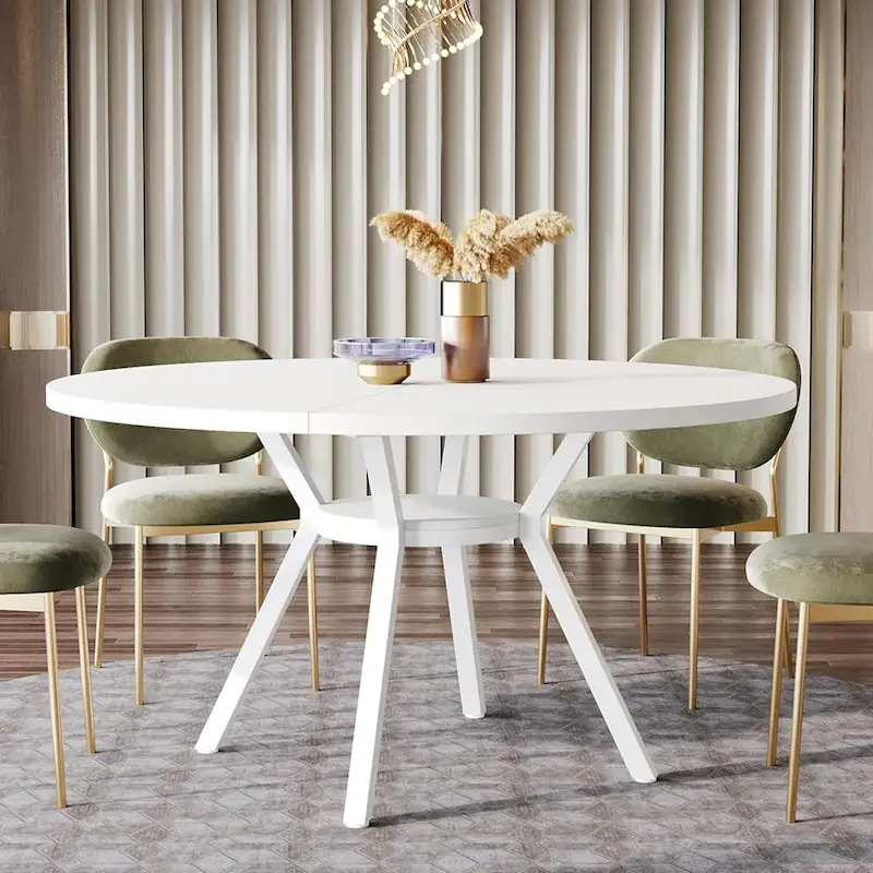 White Round Dining Table with Metal Legs - 47 Inch for 4-6 People