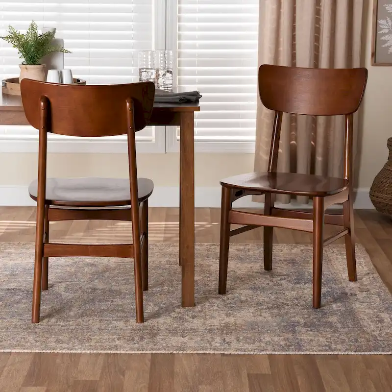 Dark Walnut Mid-Century Dining Side Chair, Solid Wood, Set of 2
