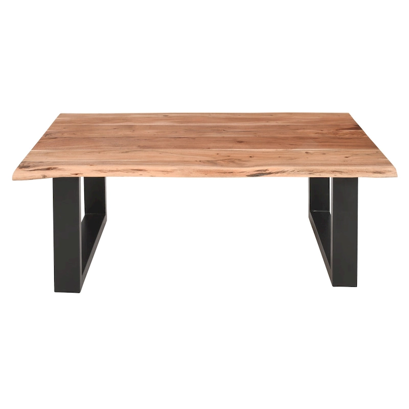 45 Inch Acacia Farmhouse Coffee Table, Live Edges, Metal Sled Base, Brown and Black
