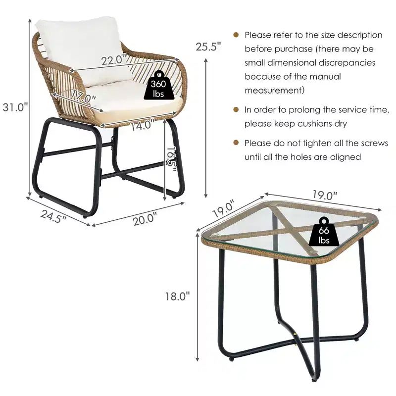 Costway 3PCS Patio Rattan Bistro Set All-Weather Cushioned Chair Table White