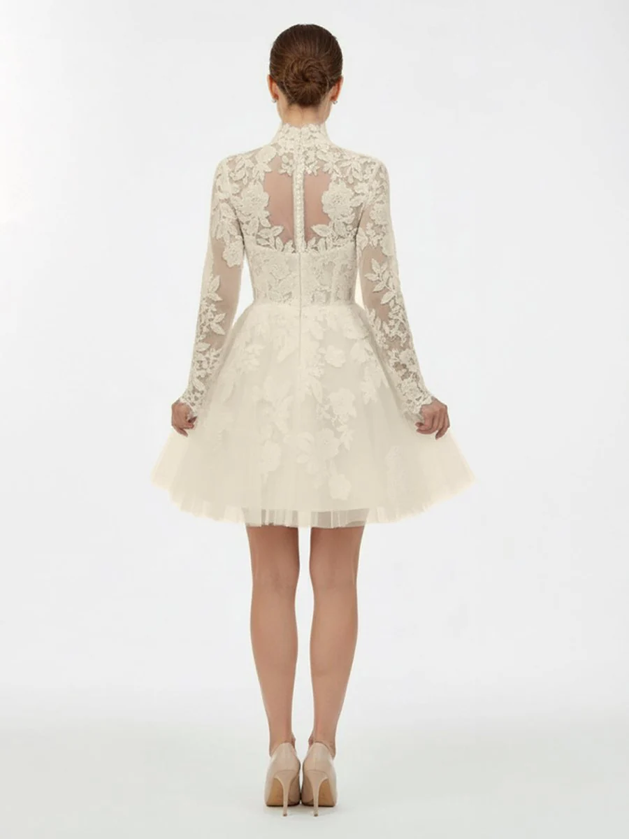 Short White A-Line Illusion Neck Long Sleeves Lace Wedding Dresses
