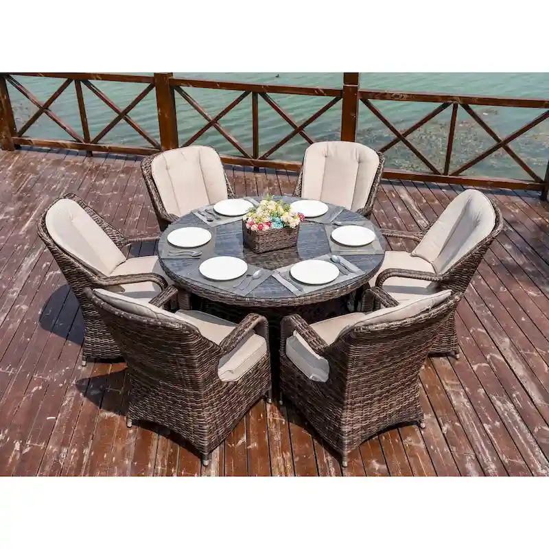 7 Pieces Outdoor Rattan Wicker Patio Round Dining Set with Cushions by Moda Furnishings