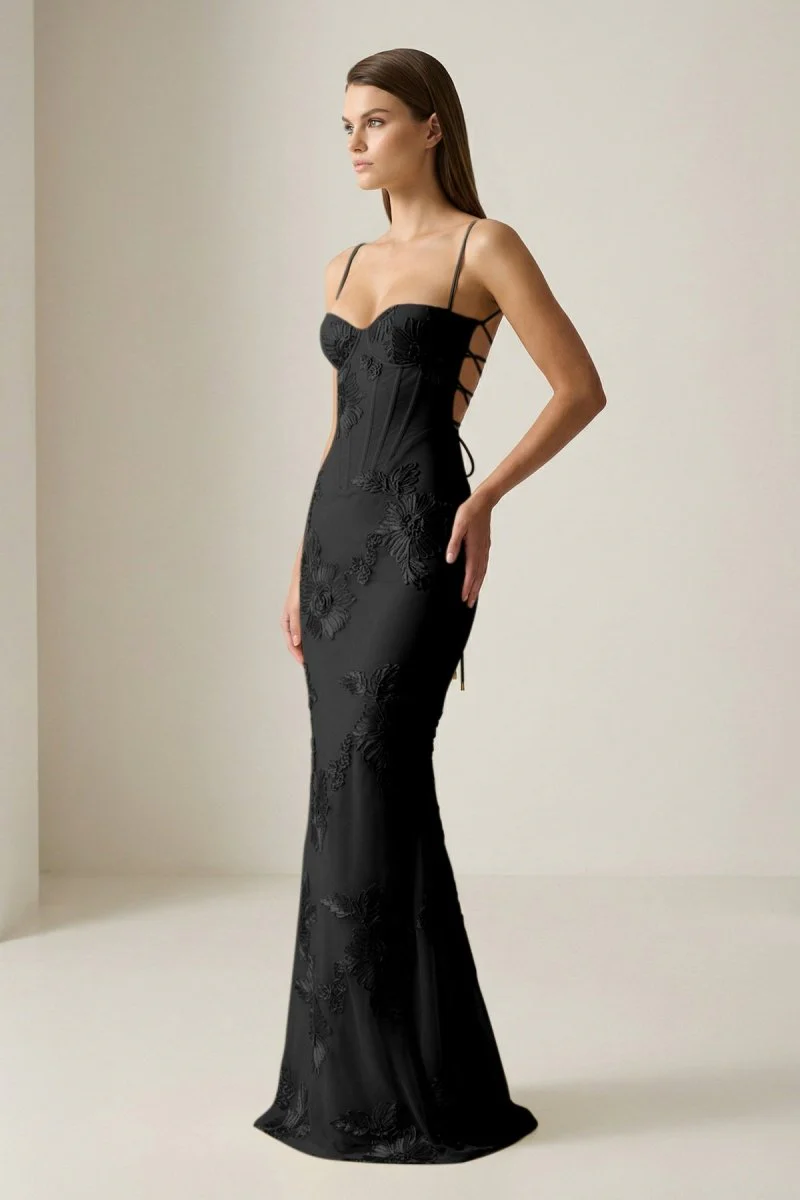 Yellow Spaghetti Straps Sheath Long Prom Dresses With Floral Embroidery