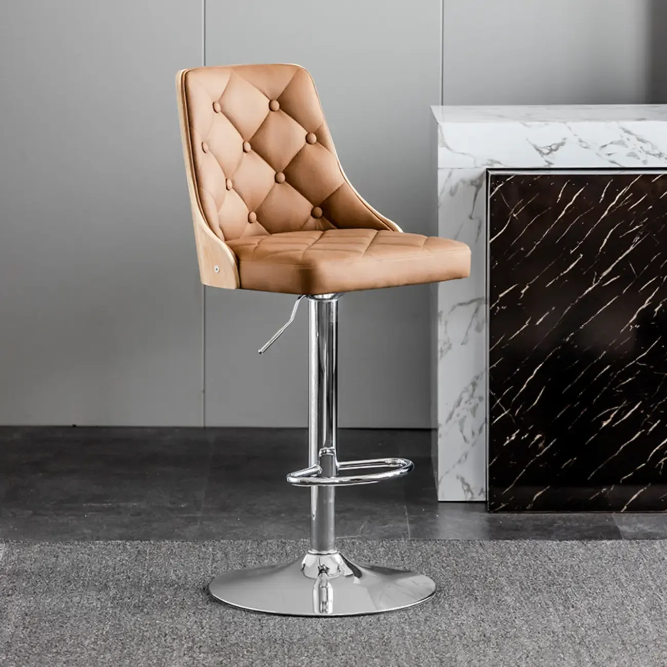 Modern Adjustable Full Back Tufted Leather Bar Stool