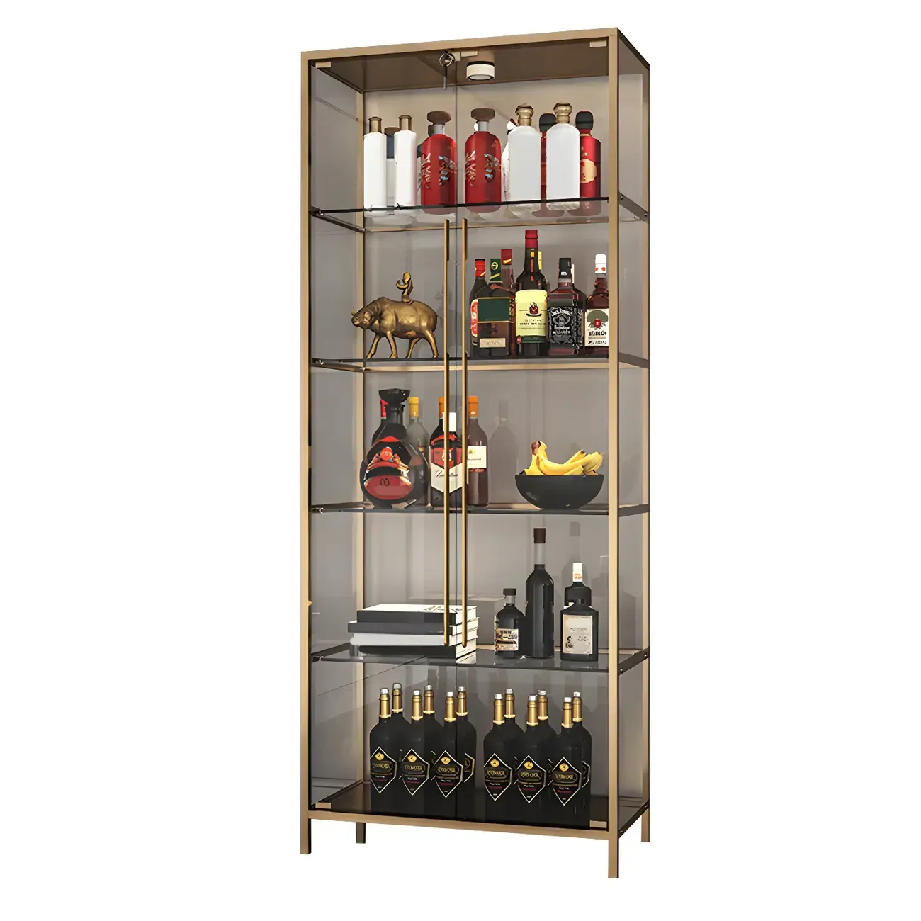 Modern Gold Glass Shelf Display Standard Curio Cabinet