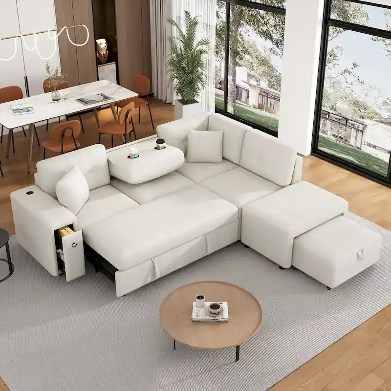 Roomfitters Sectional Sofa L-Shaped Pull-Out Bed with Movable Ottoman, Two USB Ports, and Cup Holders for Living Room