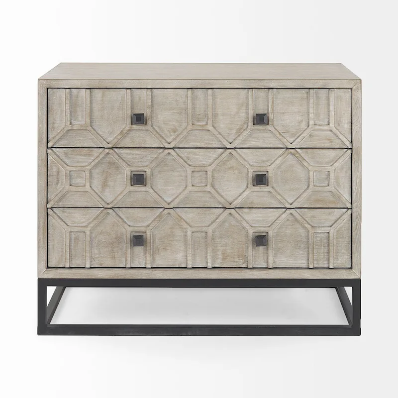 3-Drawer Accent Cabinet with Metal Frame - Geometric Pattern Design (Gray/Light Brown)