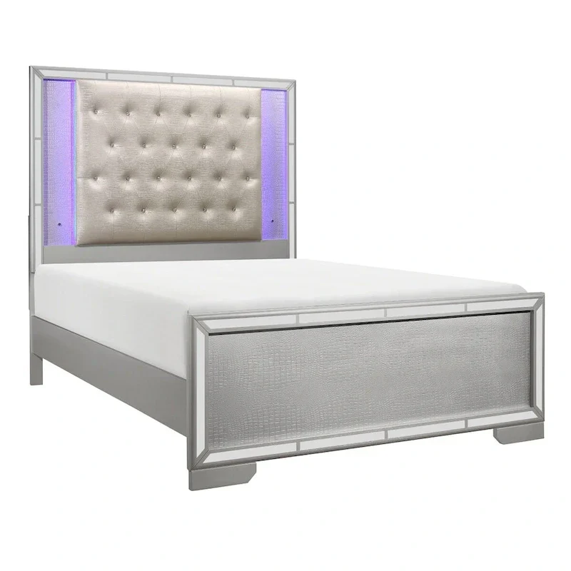Silver LED Faux Leather Upholstered Tufted Bed