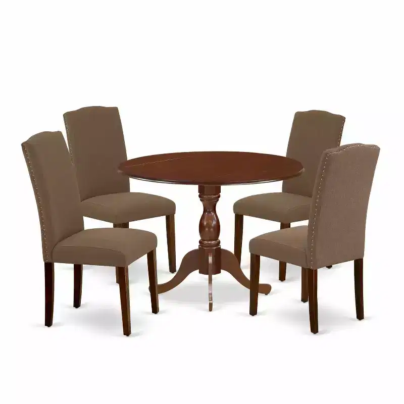 5-Piece Mahogany Finish Solid Wood Top Dining Table with 4 Upholstered Chairs with Drop Leaf