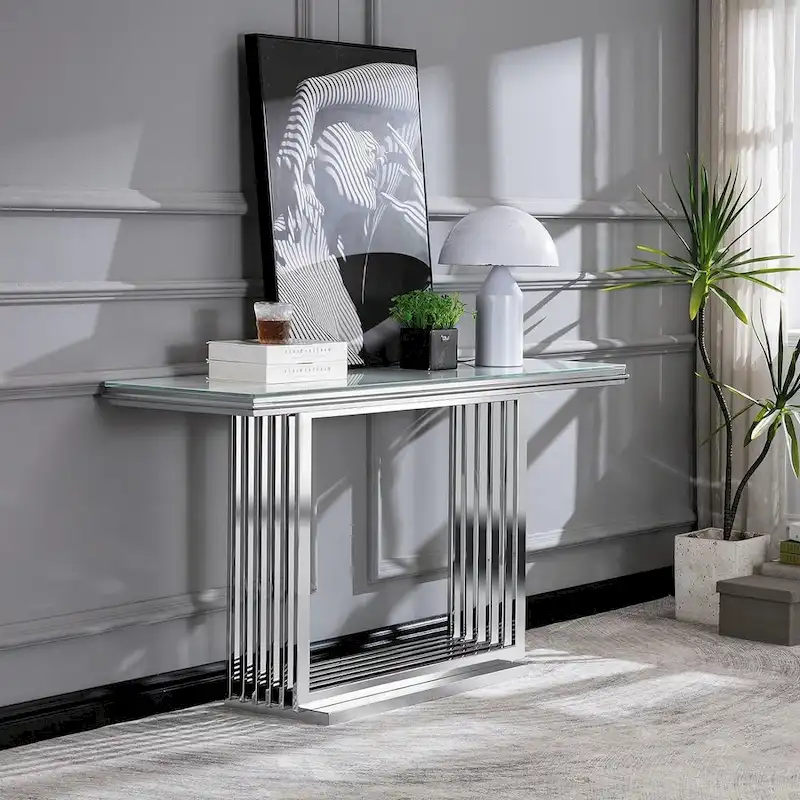 Glam 60 inch Rectangular Glass Console Table with Brushed Gold Stainless Steel Base