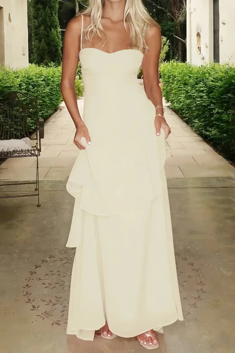 Red - Sheath Spaghetti Straps Chiffon Long Prom Dresses with Ruffles