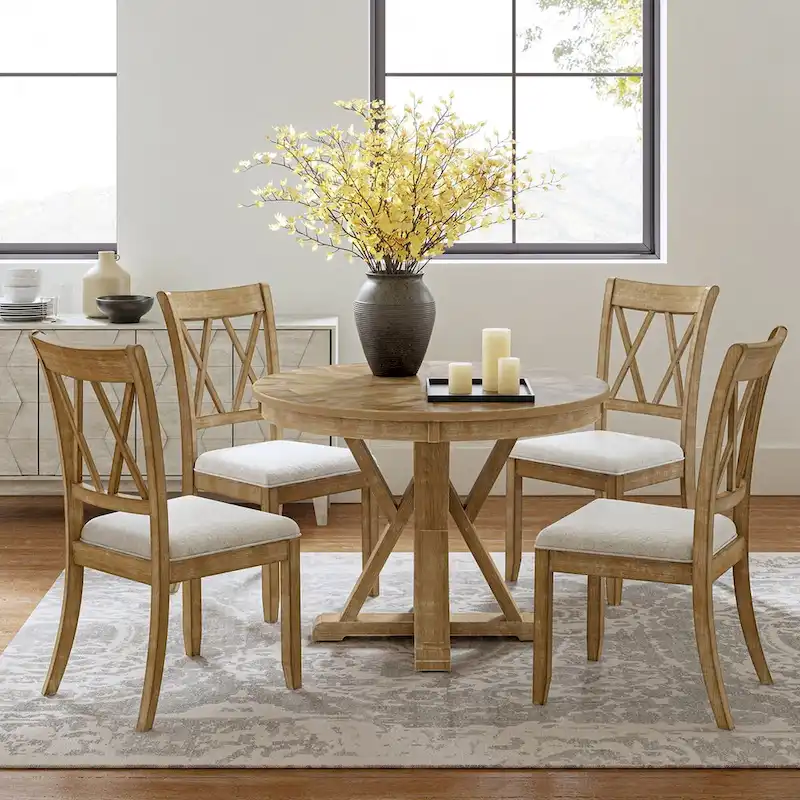 Natural Round Dining Table Set for 4, Farmhouse Style