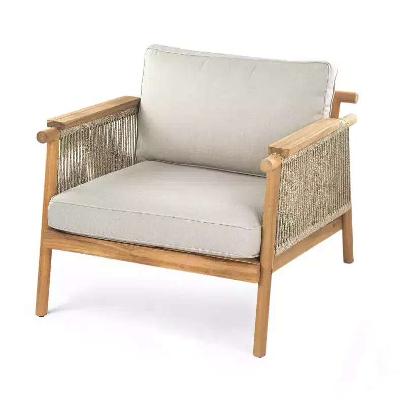 ModernLuxe Acacia Wood Outdoor Club Chair Patio Armchair with Rope-Woven Armrests & Backrest, Water-Resistant Cushions, Teak