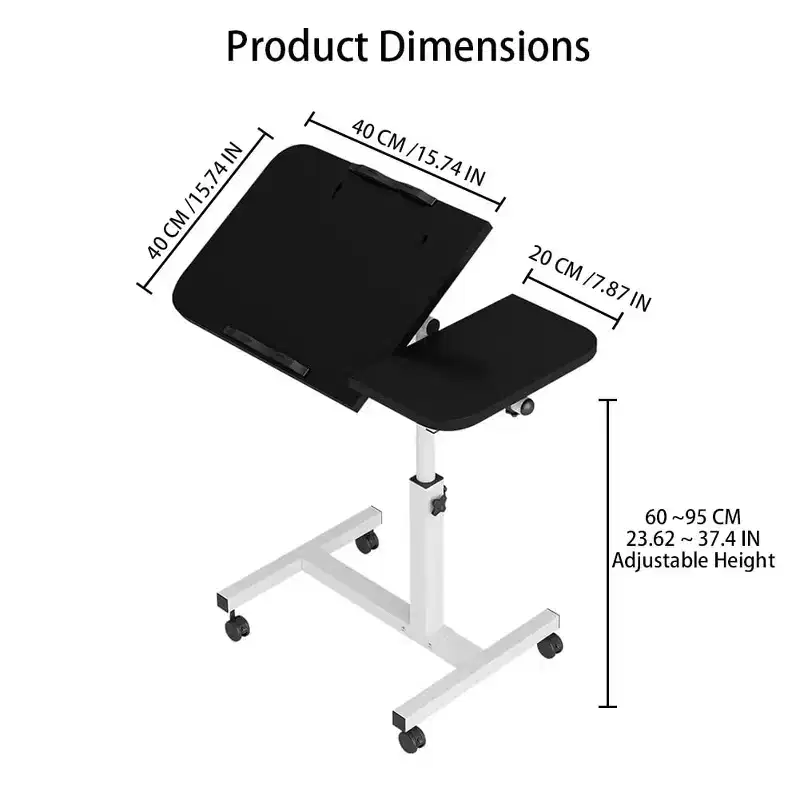 Adjustable Overbed Table on Wheels, 23.6-37.4 Height Rolling Bedside Desk with 0-90 Tilting Surface, Mobile Standing Hospital Cart