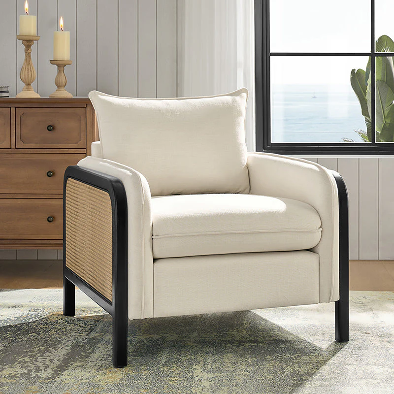 Faux Rattan Accent Armchair with Padded Polyester Cushion & Foam Fill | Natural / Navy | Single Seat