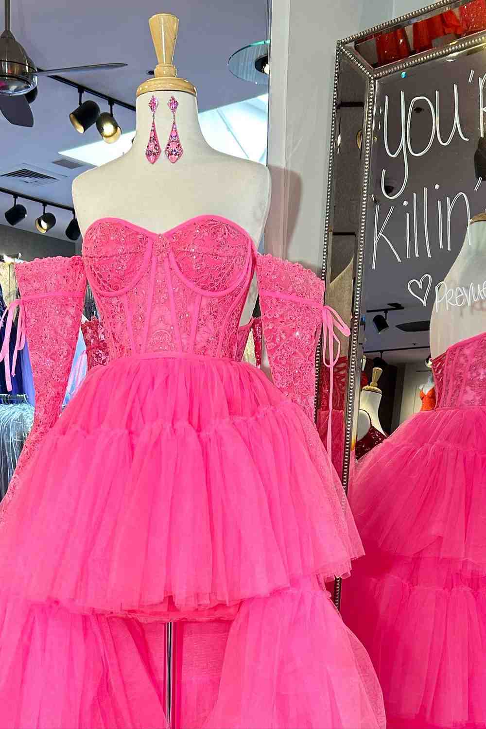Hot Pink Off-Shoulder A-line Tulle Layers Applique High-Low Prom Dress