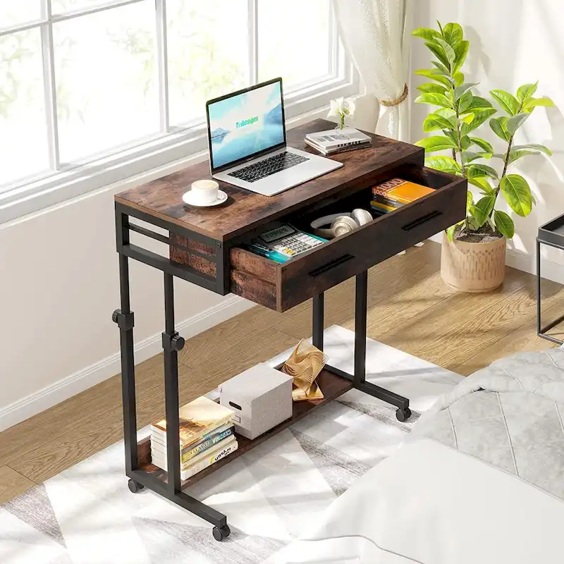 Height-Adjustable Side Table with Drawers and Wheels