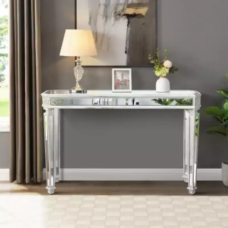 Silver Mirrored Rectangle Coffee Table – Pedestal Base, Vintage Carved, Glass Top