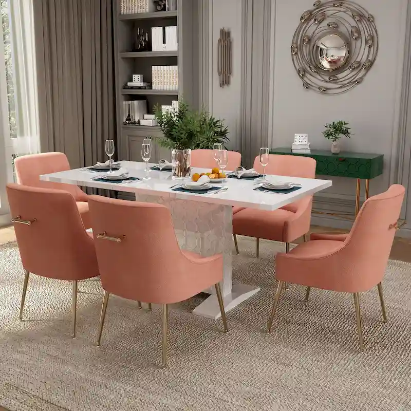 7-Piece Clihome High-gloss Extendable Table Velvet Chair Dining Set