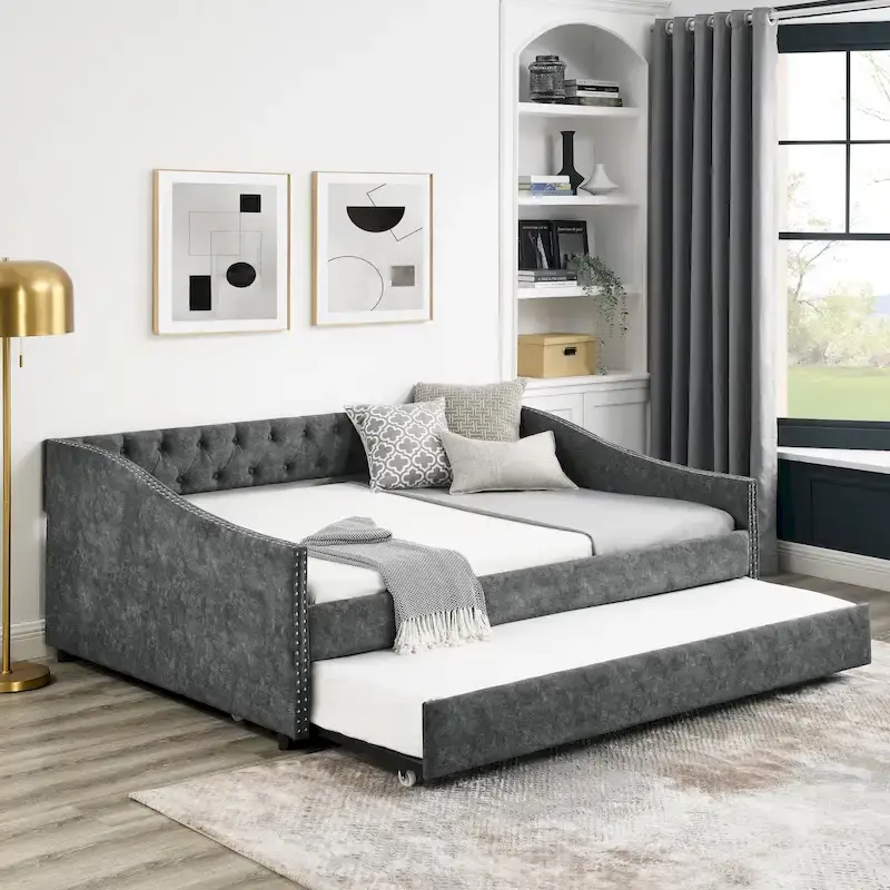Upholstered Daybed Frame with Trundle & Tufted Backrest