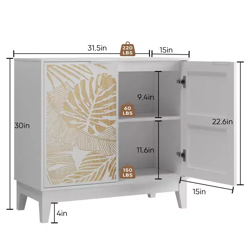 Vintage Carved Buffet Cabinet, Decorative Sideboard with 2 Doors and Adjustable Shelves,Wooden Accent Cabinet White