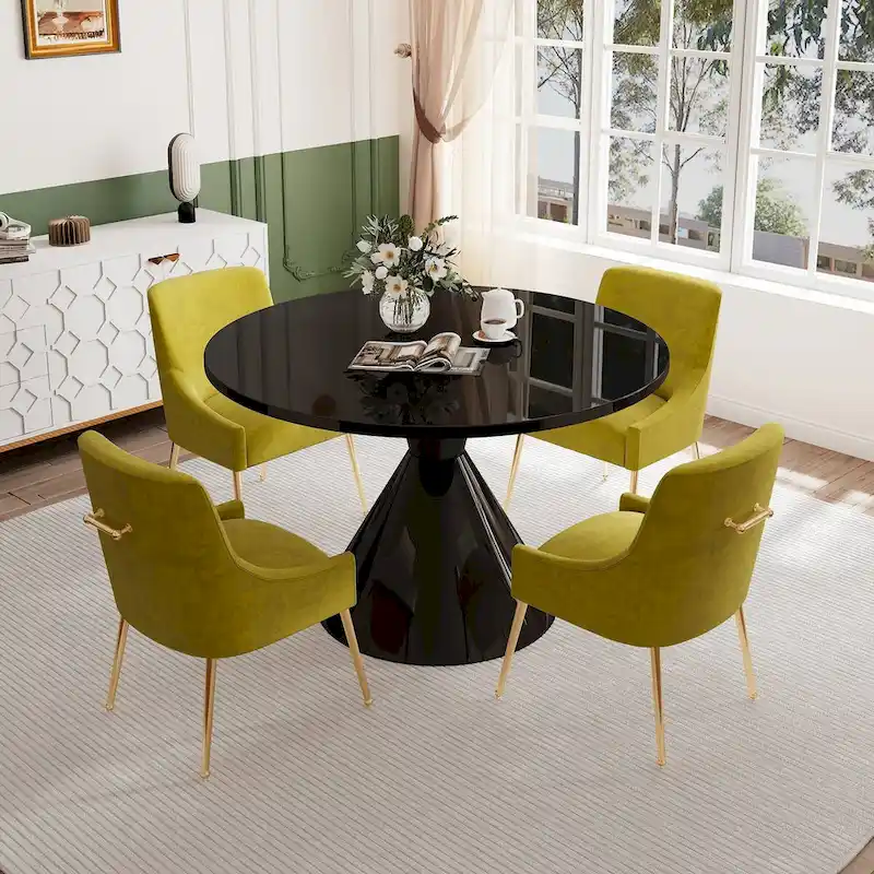 48 Light Luxury Black High Gloss Large Countertop Dining Table with Velvet Dining Chair Set
