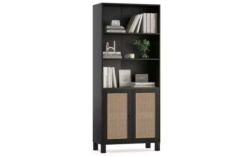 TUYOHW Farmhouse 5-Tier Tall Wood Bookshelves,Multi-Function Storage Bookshelf with Rattan Doors,Display Bookcases for Bedroom,Living Room