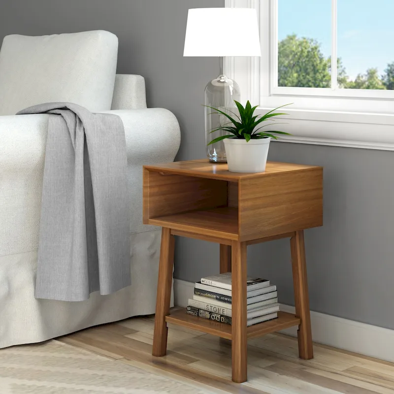 Mid-Century Side Table with Cubby Storage | White, Pecan & Black | Single