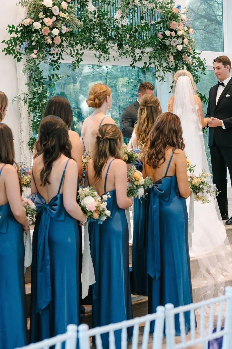 Simple Mermaid Spaghetti Straps Blue Long Bridesmaid Dresses with Bow Back