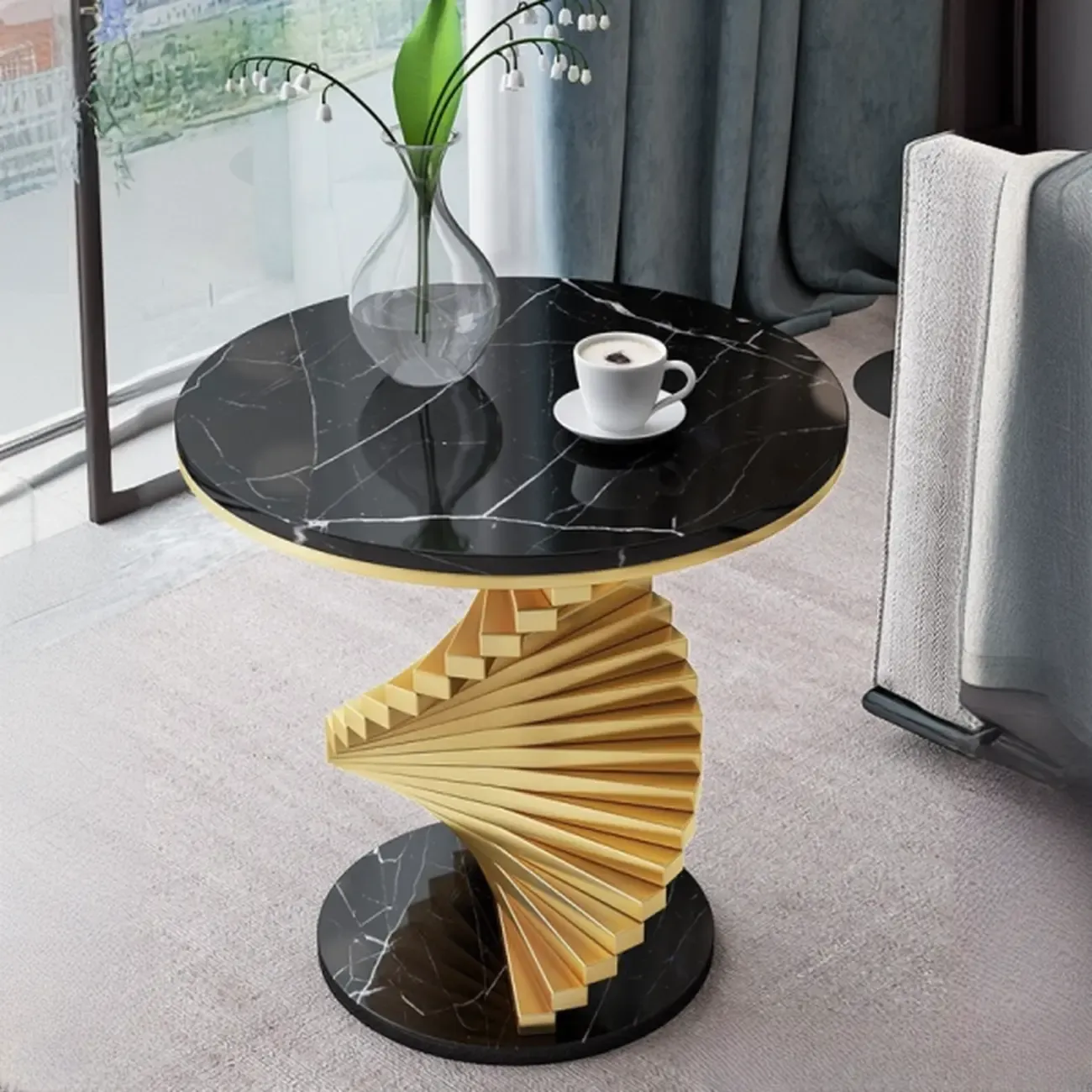 Modern Marble Round Spiral Base Sofa Side Table