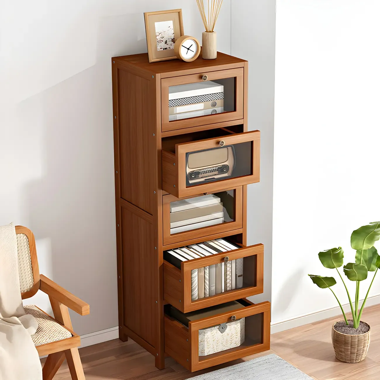 Narrow Wooden Multi-Drawer Corner Display Cabinet