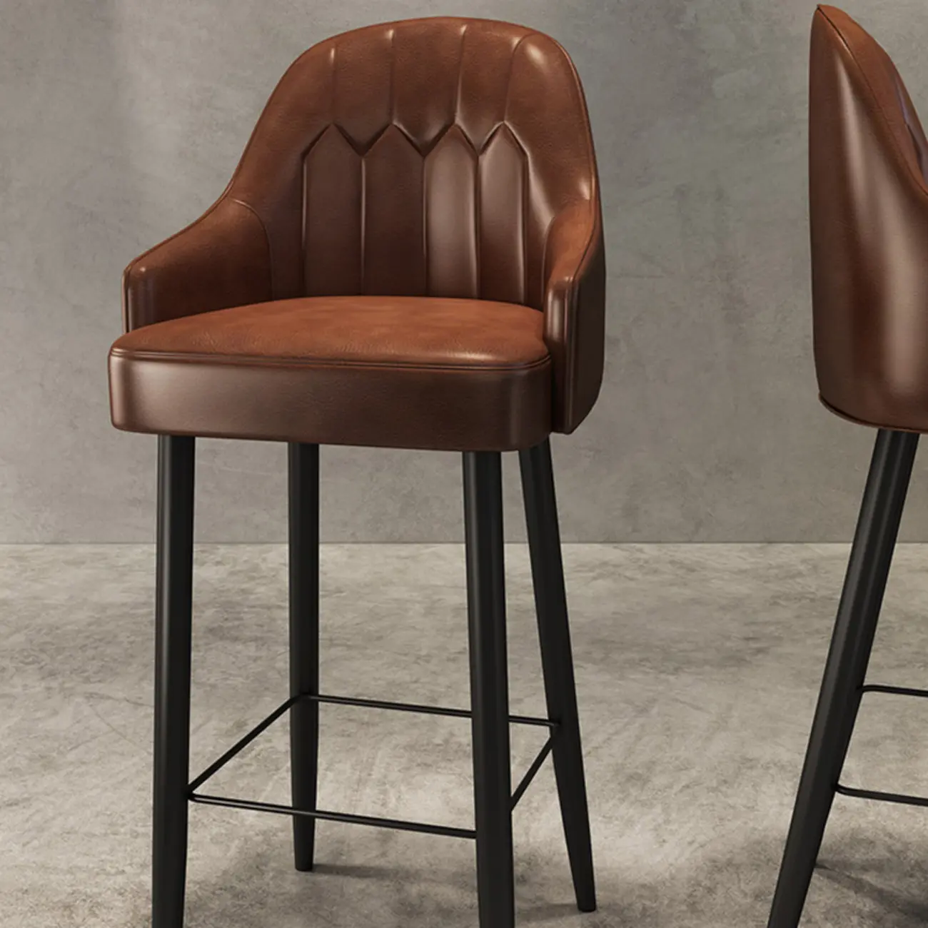 Mid-century Modern Saddle Brown Bucket Upholstered Leather Bar Stools