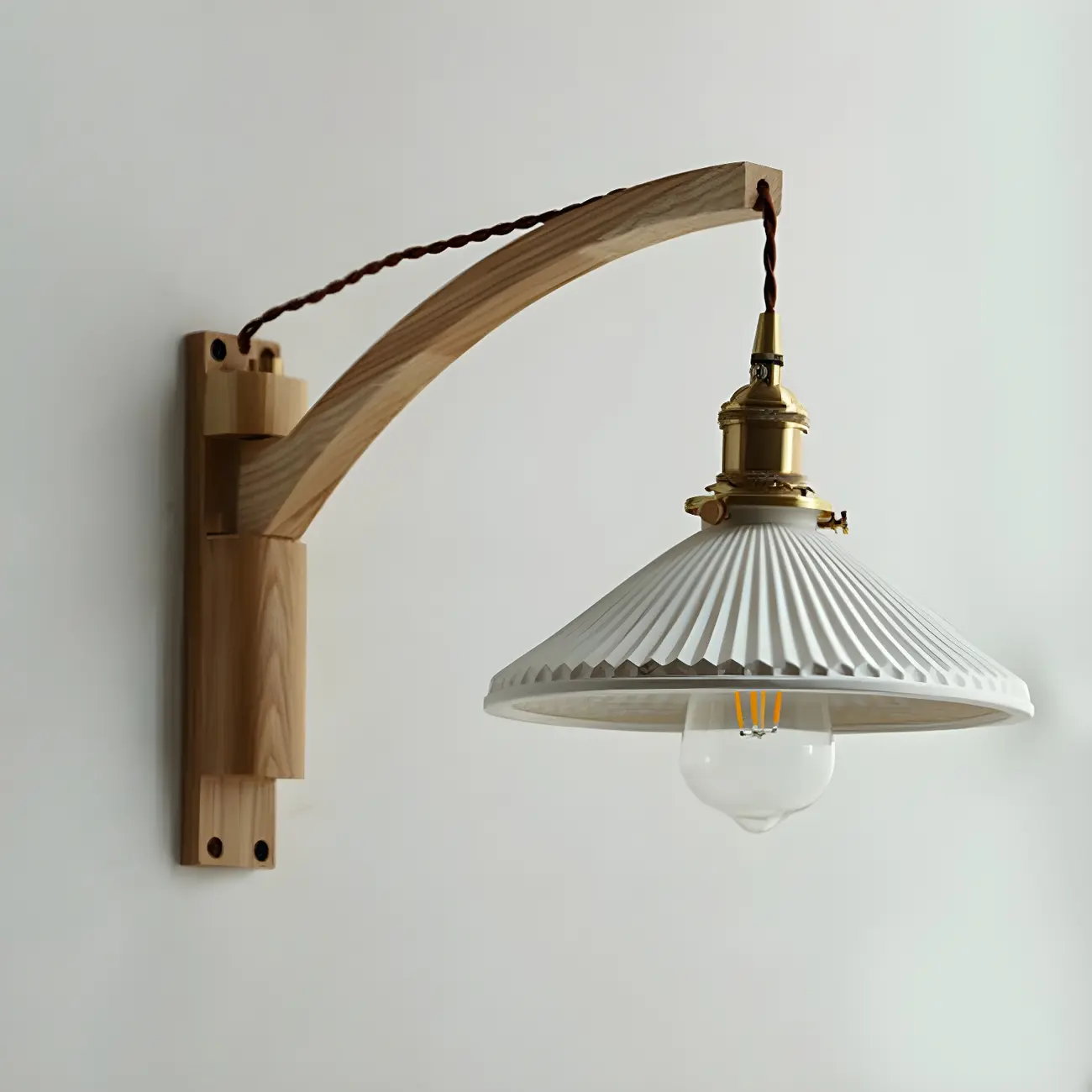 Rustic Wood Brass White Adjustable Swing Arm Wall Light