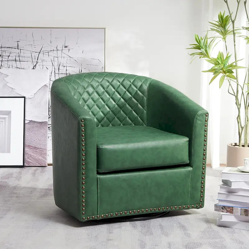KINWELL 29 Wide Tufted PU Leather Swivel Barrel Chair
